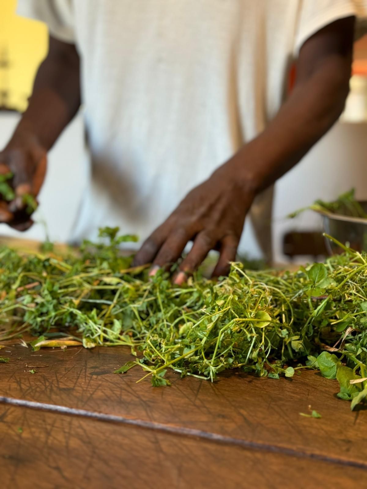 hands sorting a pile of wild greens on a wooden table